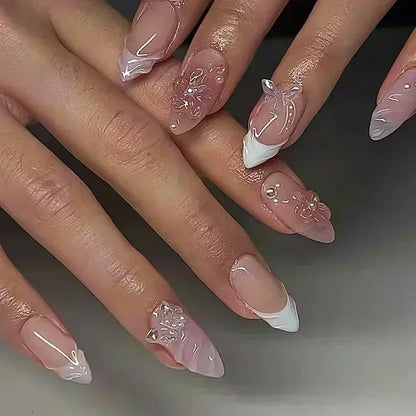 24Pcs Pink Almond False Nails Sweet Summer Fake Nail Cute Flowers Pearl Nails Press Ons Colorful Monet Press on Nails for Girls