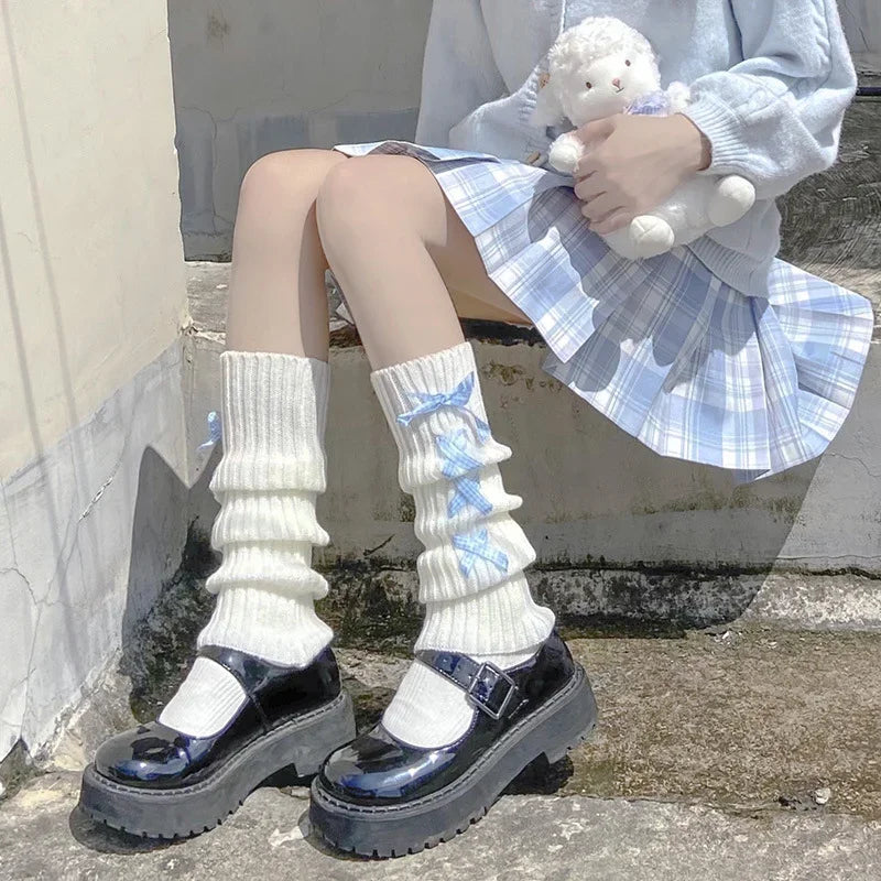 Ribbon Bow Leg Warmers Japanese Style Lolita Long Socks Women Gothic Legging Gaiters Knee Goth Winter Knitted Cuffs Ankle Warmer