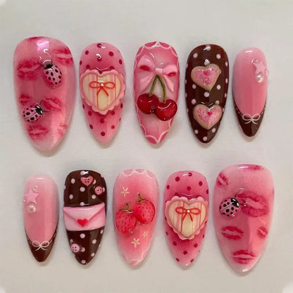 30Pcs Almond False Nails Tips Summer Beach Colorful Nails Sets with Pearl Flower Design Press on Nails Art Wearable Fake Nail
