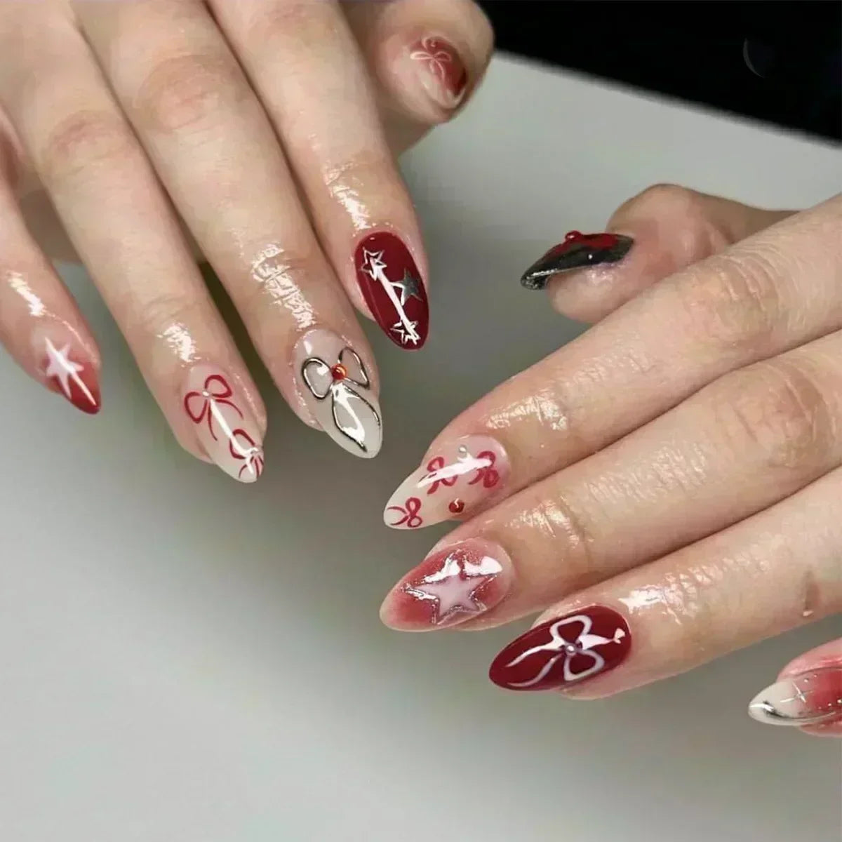 24Pcs Pink Almond False Nails Sweet Summer Fake Nail Cute Flowers Pearl Nails Press Ons Colorful Monet Press on Nails for Girls