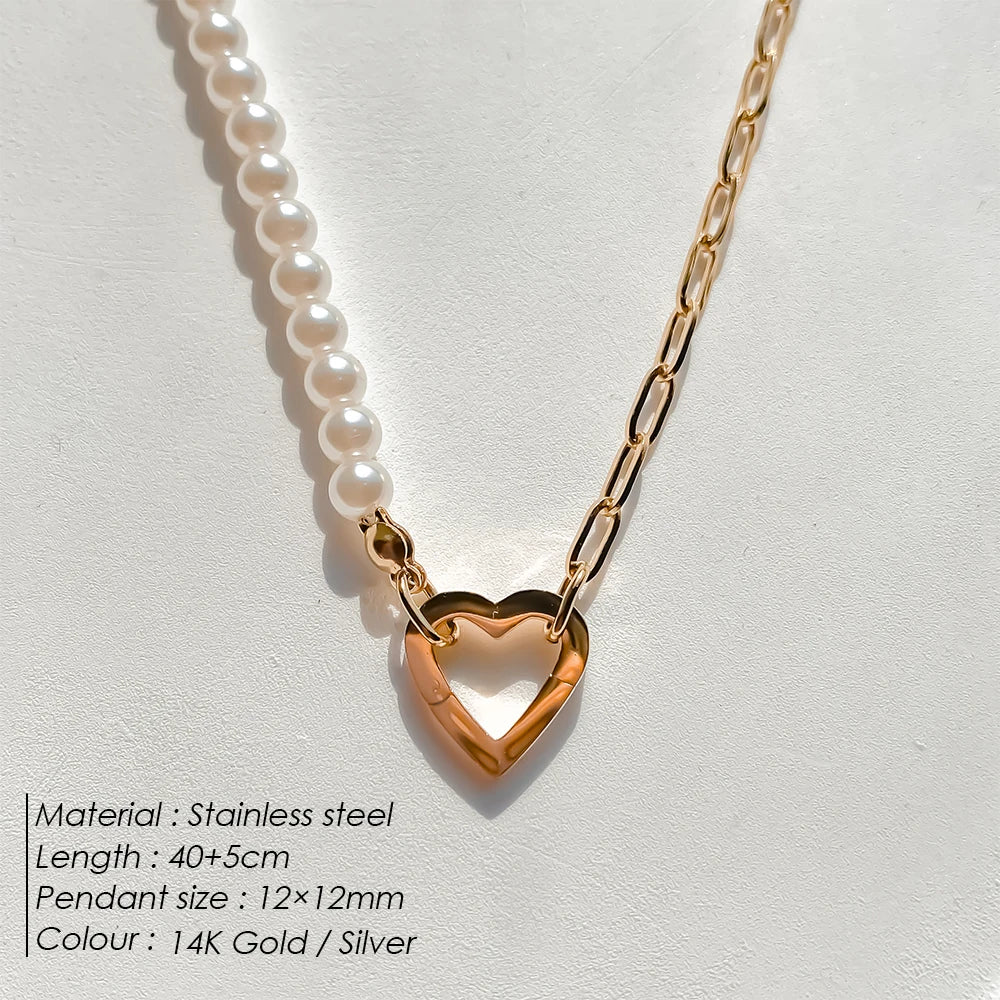 eManco Charm Necklace Heart Lock Link Pearl Chain for Handmade DIY Pendant Accessory Stainless Steel Women's Waterproof Jewelry