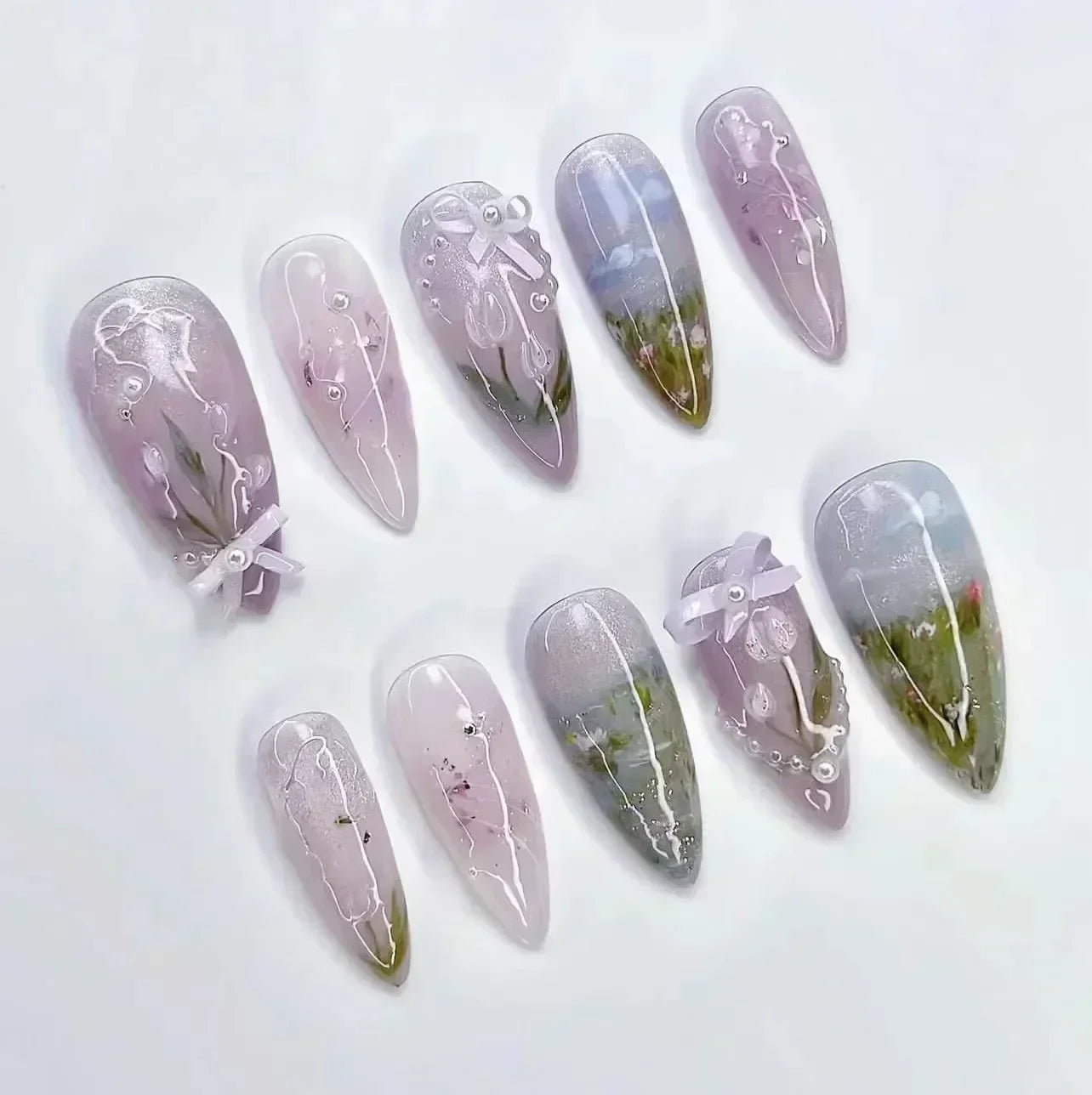 24Pcs Pink Almond False Nails Sweet Summer Fake Nail Cute Flowers Pearl Nails Press Ons Colorful Monet Press on Nails for Girls