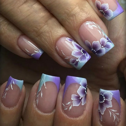 24pcs 3D Flower Press on Nails French Square False Nails Wearable Stick-on Nail Fake Nails Uñas Postizas Накладные Ногти 네일팁