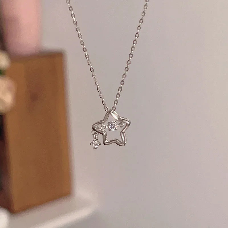 925 Silver Necklace for Women Double Layer Zircon Star Moon Pendant Necklace Delicate Chain Charm Elegant Fashion Jewelry Gifts