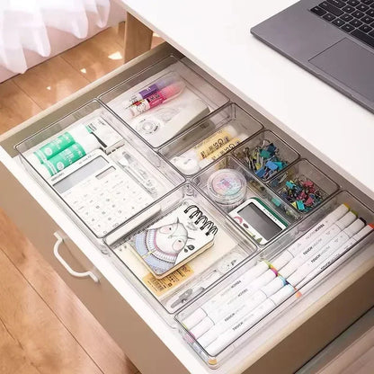4/7-Piece Versatile Drawer Organizer Set - Clear Plastic Trays and Dividers in 4 Sizes for Perfect Makeup and Kitchen Storage