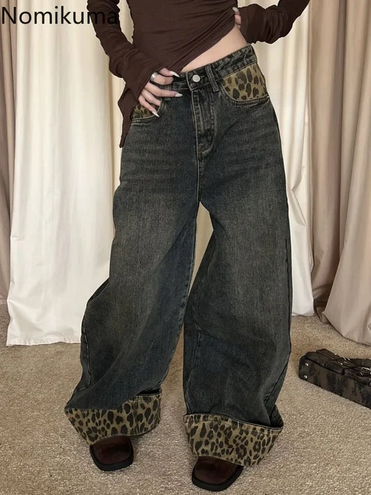 Retro Leopard Print Y2k Jeans for Women Harajuku Wide Leg Pants 2025 New Bottoms Denim Trousers Casual Straight Fashion Trousers