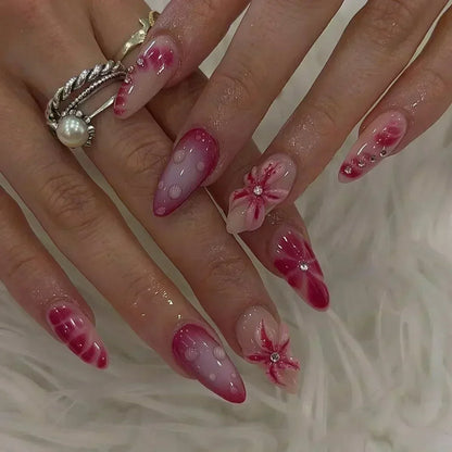 24Pcs Pink Almond False Nails Sweet Summer Fake Nail Cute Flowers Pearl Nails Press Ons Colorful Monet Press on Nails for Girls