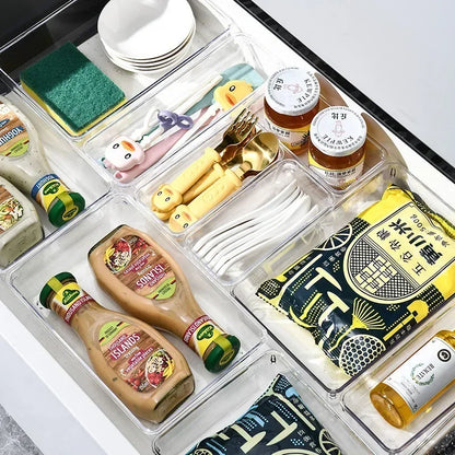 4/7-Piece Versatile Drawer Organizer Set - Clear Plastic Trays and Dividers in 4 Sizes for Perfect Makeup and Kitchen Storage
