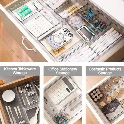 4/7-Piece Versatile Drawer Organizer Set - Clear Plastic Trays and Dividers in 4 Sizes for Perfect Makeup and Kitchen Storage