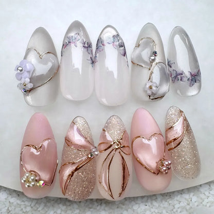 24Pcs Pink Almond False Nails Sweet Summer Fake Nail Cute Flowers Pearl Nails Press Ons Colorful Monet Press on Nails for Girls