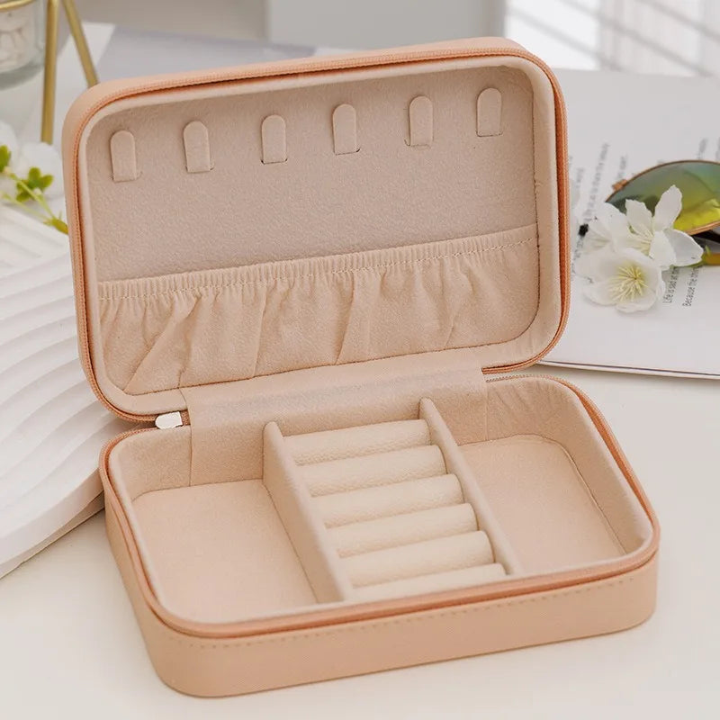 Fashion Women Portable Travel Jewelry Box PU Leather Necklace Ring Earrings Zipper Stotage Boxes Jewelry Display Cases Organizer