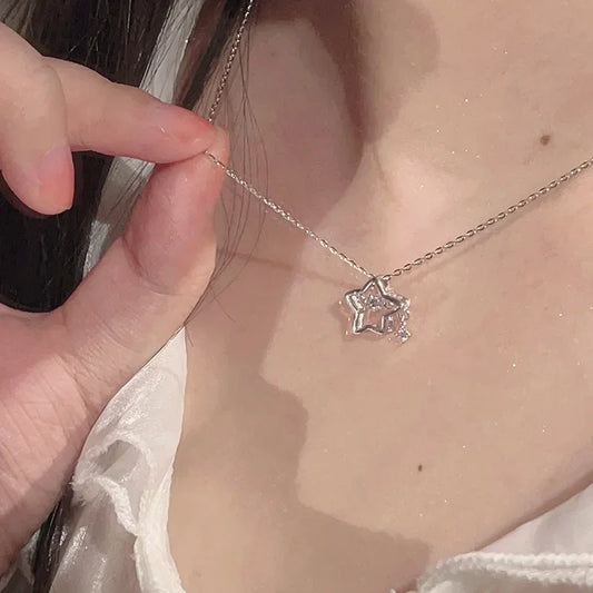 925 Silver Necklace for Women Double Layer Zircon Star Moon Pendant Necklace Delicate Chain Charm Elegant Fashion Jewelry Gifts